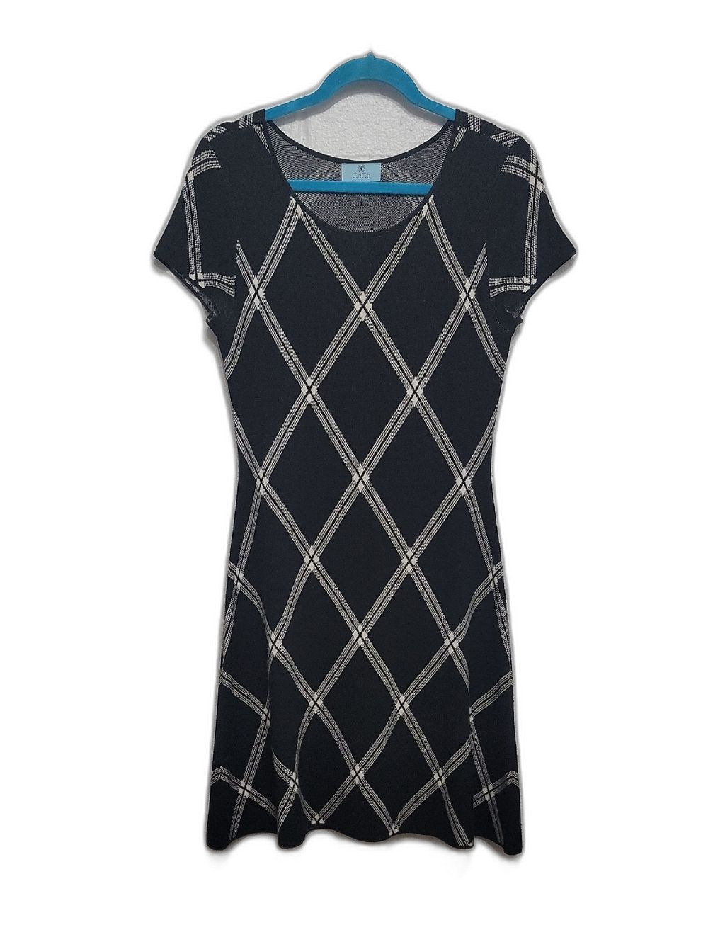 CeCe Black Knit Dress with Cream Lattice Pattern